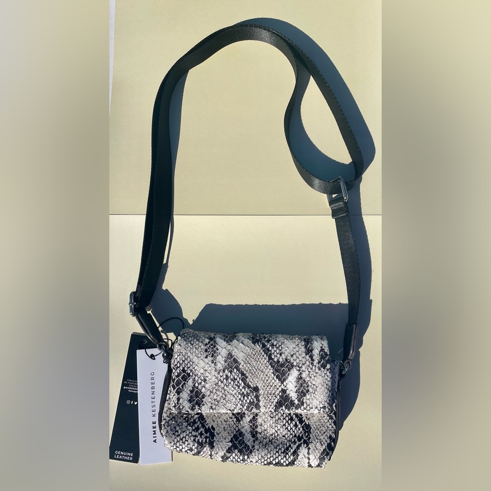 NWT Aimee Kestenberg Cross Body Snakeskin Embossed Leather Bag Black and…